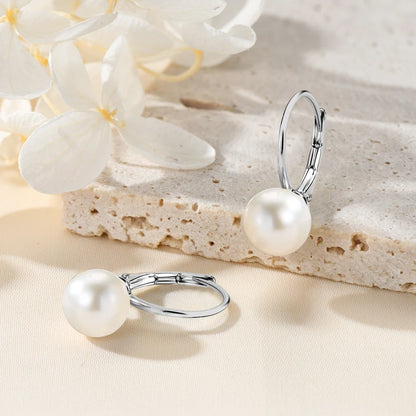 100% 925 Sterling Silver 8-9mm Natural Freshwater Pearl Drop Hoop Earrings White Pearl Wedding Fine Jewelry for Women Gift