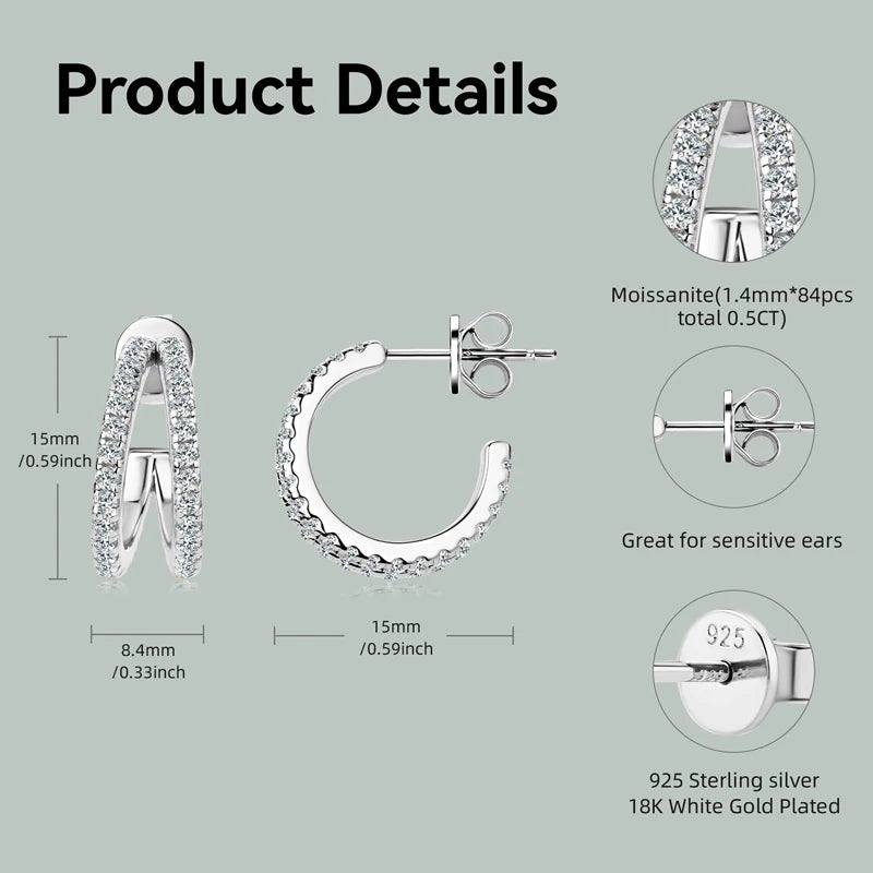 Original D0.50CT Moissanite Drop Piercing Earrings 925 Sterling Silver for Women Split Half Hoop Huggie Earrings Cuffs Jewelry