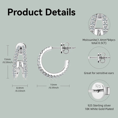 Original D0.50CT Moissanite Drop Piercing Earrings 925 Sterling Silver for Women Split Half Hoop Huggie Earrings Cuffs Jewelry