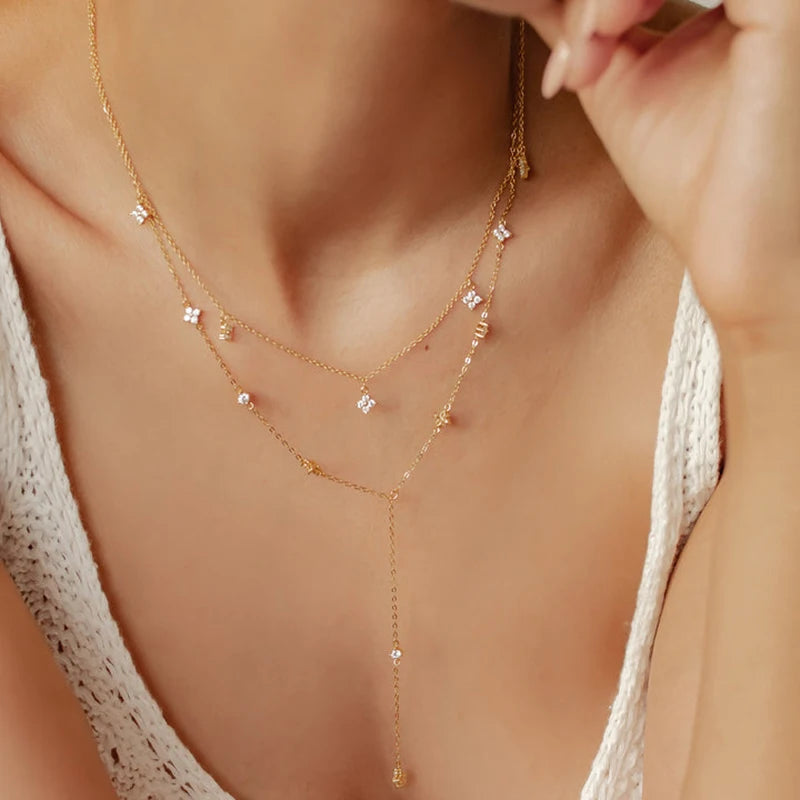 Moissanite Long Tassel Pendant Necklace 925 Silver Four Clover Flower Y Chain Necklace for Women Valentine Gift Trend 2024