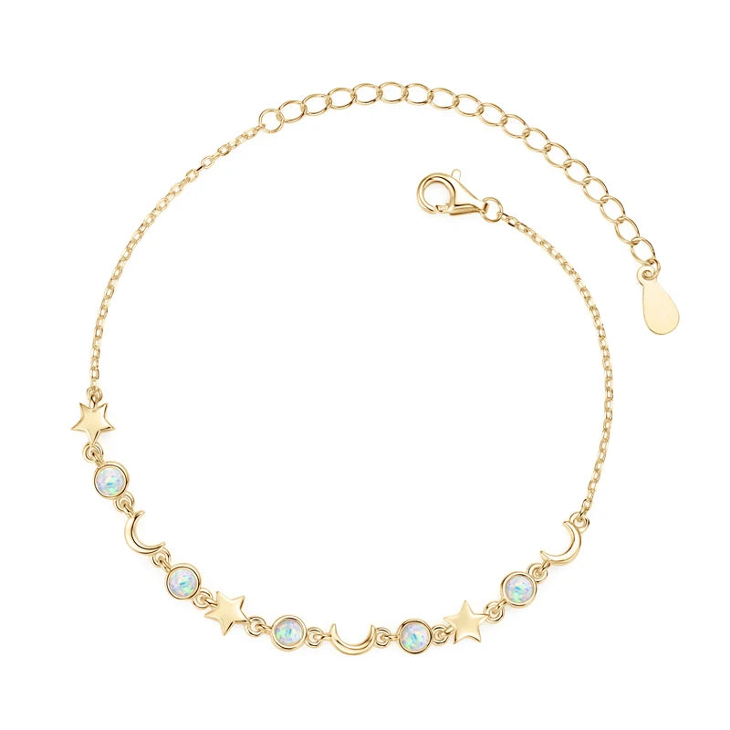 Bezel Artificial Opal Bracelet S925 Silver Chain Moon Star Bracelets for Women Girl 2024 Trendy Gift New Year Christmas