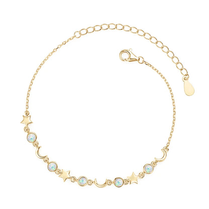 Bezel Artificial Opal Bracelet S925 Silver Chain Moon Star Bracelets for Women Girl 2024 Trendy Gift New Year Christmas