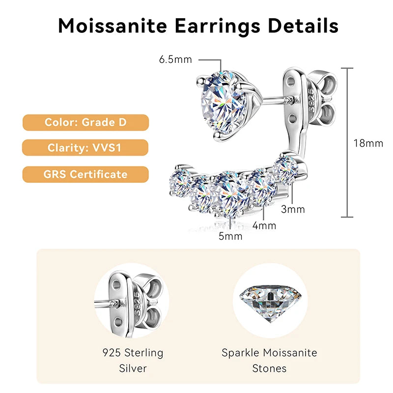 Real D2.30CT All Moissanite Earrings Ear Jacket Studs for Women 925 Silver GRA Certified Christmas Gift Dual Use Earrings