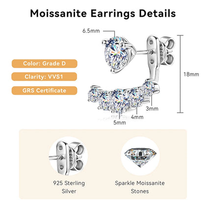 Real D2.30CT All Moissanite Earrings Ear Jacket Studs for Women 925 Silver GRA Certified Christmas Gift Dual Use Earrings