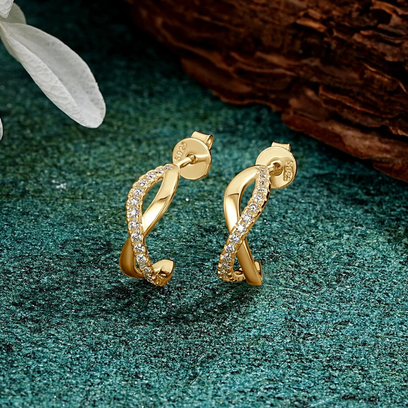 Real 925 Silver 1.2mm Moissanite Infinity Earrings for Women Half Hoops C Shape Stud Earrings Trendy Jewelry Charm Gift