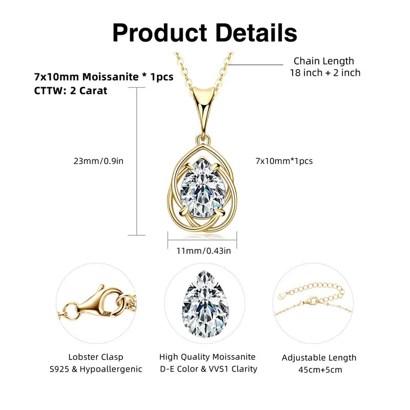 2.0CT Teardrop Pear Cut Moissanite Pendant Necklace for Women 925 Silver Adjustable Chain Real GRA Certified Jewelry Gift