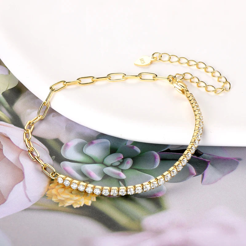 925 Silver Half Chain Tennis Bracelet 2-5mm D Color Moissanite Bracelet for Women Fine Jewelry 18k Gold Plated Bangle New