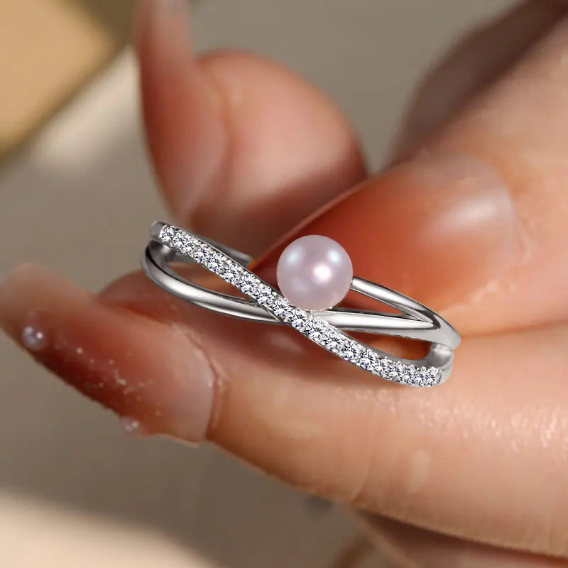 925 Sterling Silver Cross Ring 4-4.5mm Natural Freshwater Pearl Rings for Women Fashion adjustable Open Finger Band Jewel