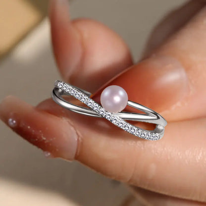925 Sterling Silver Cross Ring 4-4.5mm Natural Freshwater Pearl Rings for Women Fashion adjustable Open Finger Band Jewel