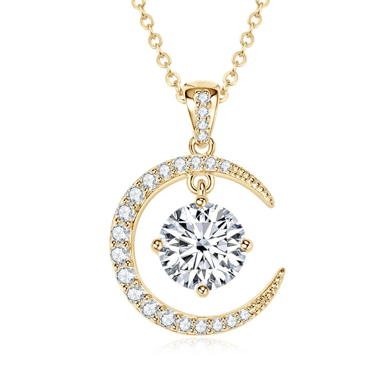 8mm 2.0CT Moissanite Sun Crescent Pendant Necklaces For Women 925 Silver Adjustable Chain Charm GRA Certified Jewelry Gift