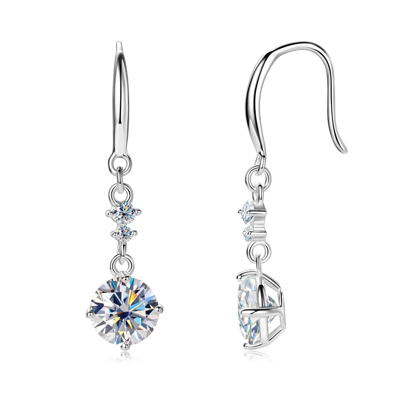 6.5mm 1CT Round D Moissanite Drop Hook Earrings 925 Silver for Women Wedding Engagement Jewelry GRA Certified Ladies Gift