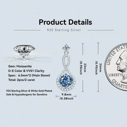 1ct Infinite White/Blue Moissanite Drop Dangle Earrings 925 Silver for Women Piercing Ear Studs Engagement Wedding Jewelry