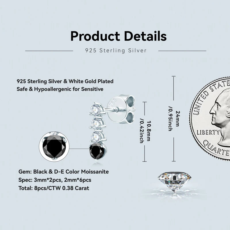 2024 Trend 925 Silver Studs 3mm 2mm Black &White Moissanite Drop Earrings for Women Men Anti-allergy Jewelry Birthday Gift