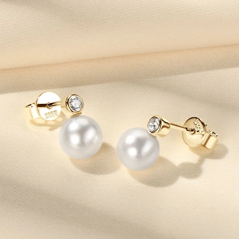 925 Sterling Silver Earrings 7-8mm Natural Freshwater Pearl Stud Earrings with 2.5mm Cubic Zirconia Jewelry for Women Gift
