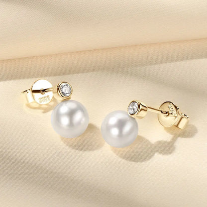 925 Sterling Silver Earrings 7-8mm Natural Freshwater Pearl Stud Earrings with 2.5mm Cubic Zirconia Jewelry for Women Gift