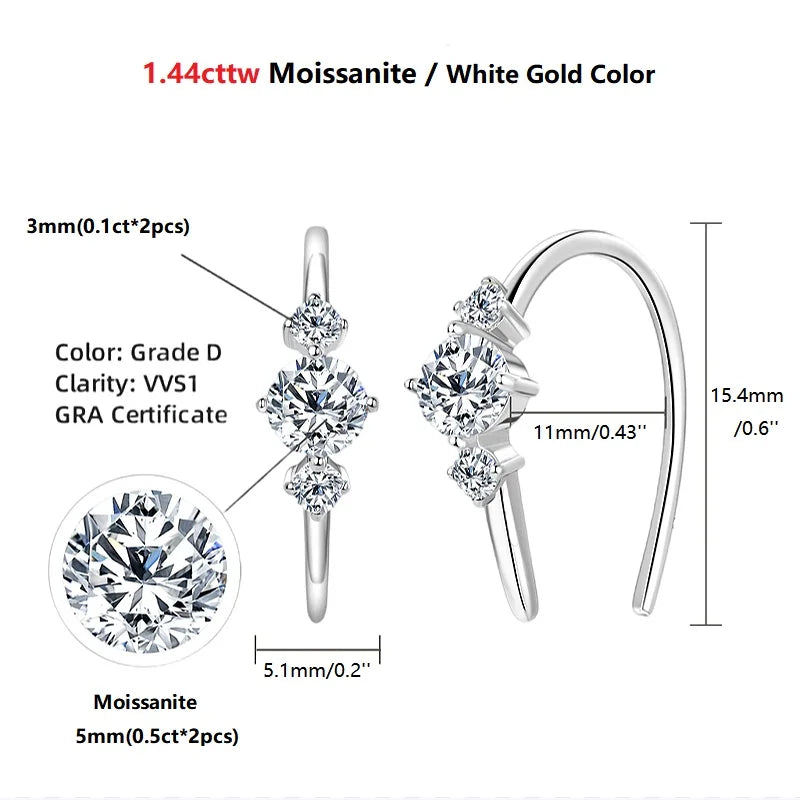 U shaped 3 Stone D0.72CT Moissanite Earrings Silver 925 Piercing Open Hoop Earrings for Women Certified Wedding Jewelry