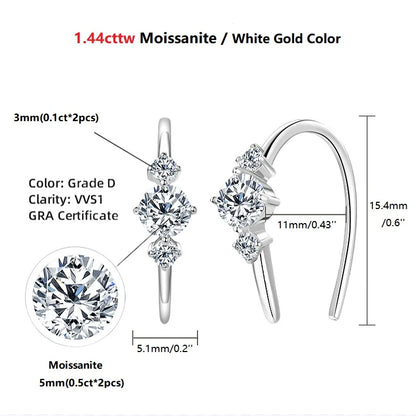 U shaped 3 Stone D0.72CT Moissanite Earrings Silver 925 Piercing Open Hoop Earrings for Women Certified Wedding Jewelry