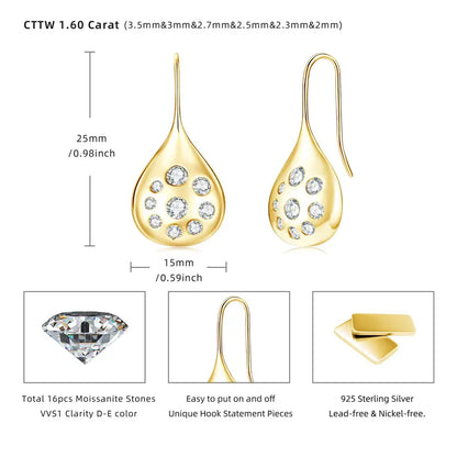 1.6cttw Moissanite Dangle Hook Earrings 925 Silver for Women 2024 Trendy Large Teardrop Earrings Texture Jewelry Gift GRA