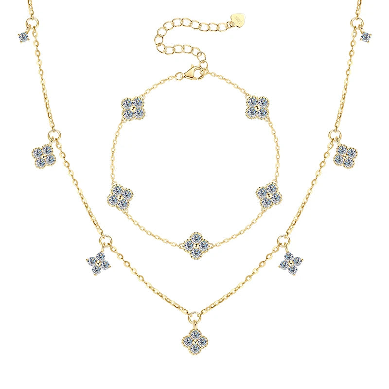 3mm D Moissanite Jewelry Set Clover Flower Pendant Necklace Earrings Bracelet 3 in 1 Sets for Women 925 Silver Charm Gifts