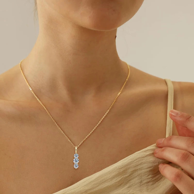 1.1ctw. D Moissanite Pendant Necklace for Women 925 Silver Three-Stone Vertical Bar Pendants Adjustable Chain Jewelry Gift