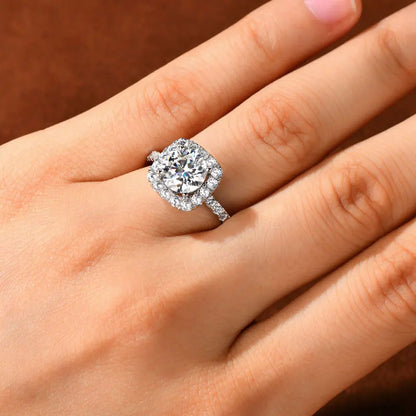 Real 2CT 8mm Round Moissanite Square Ring 925 Sterling Silver Luxury Brilliant Diamond Wedding Finger Rings Band For Women