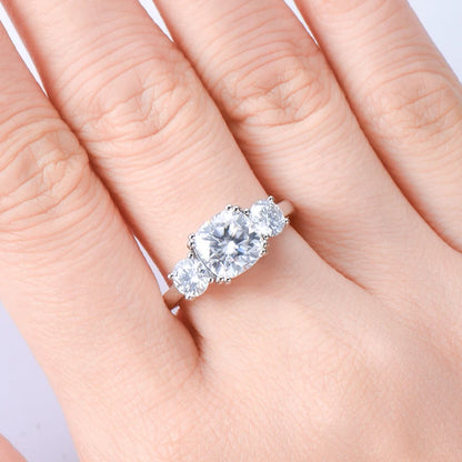 3.5CTTW. Cushion & Round Moissanite Ring 925 Silver 3 Stone Engagement Wedding Promise Rings For Women Finger Jewelry GRA