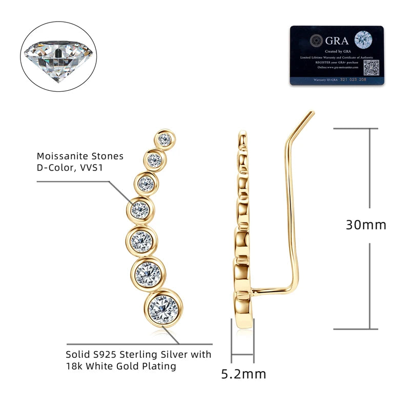 1.52CTTW. Full Bezel Moissanite Earrings Climber Crawler 100% Real 925 Silver for Women with Certificate GRA Jewelry Gifts