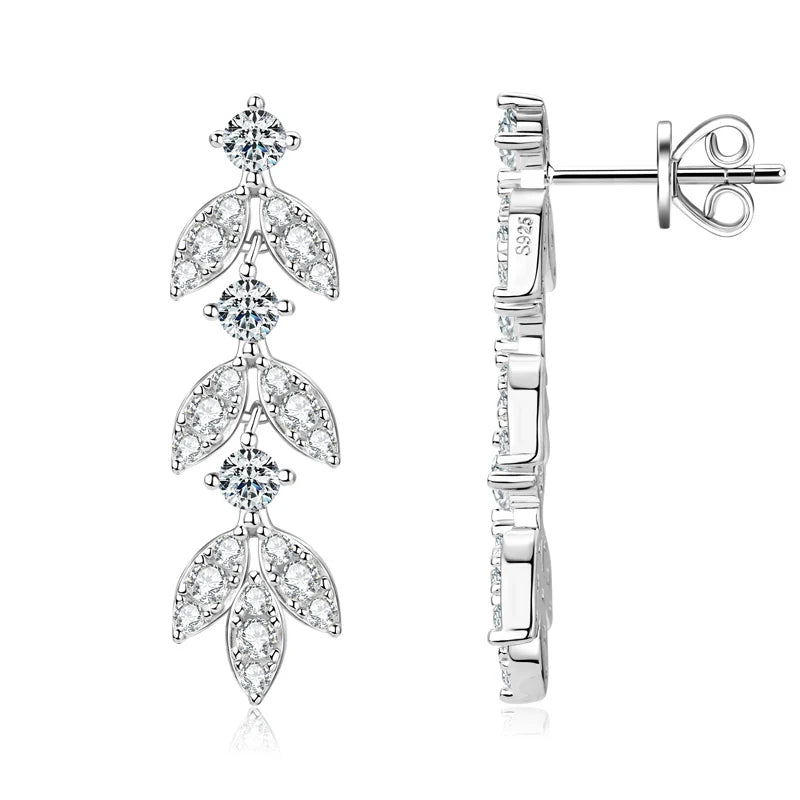 Real Moissanite Earrings Leaf Chandelier Drop Dangle Long Earrings 925 Silver Piercing Studs for Women Cute Jewelry Korean