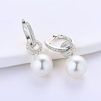 Real 925 Sterling Silver Hoop Earrings 9-10mm White Shell Pearl Drop Earring Detachable Wedding Party Jewelry for Women