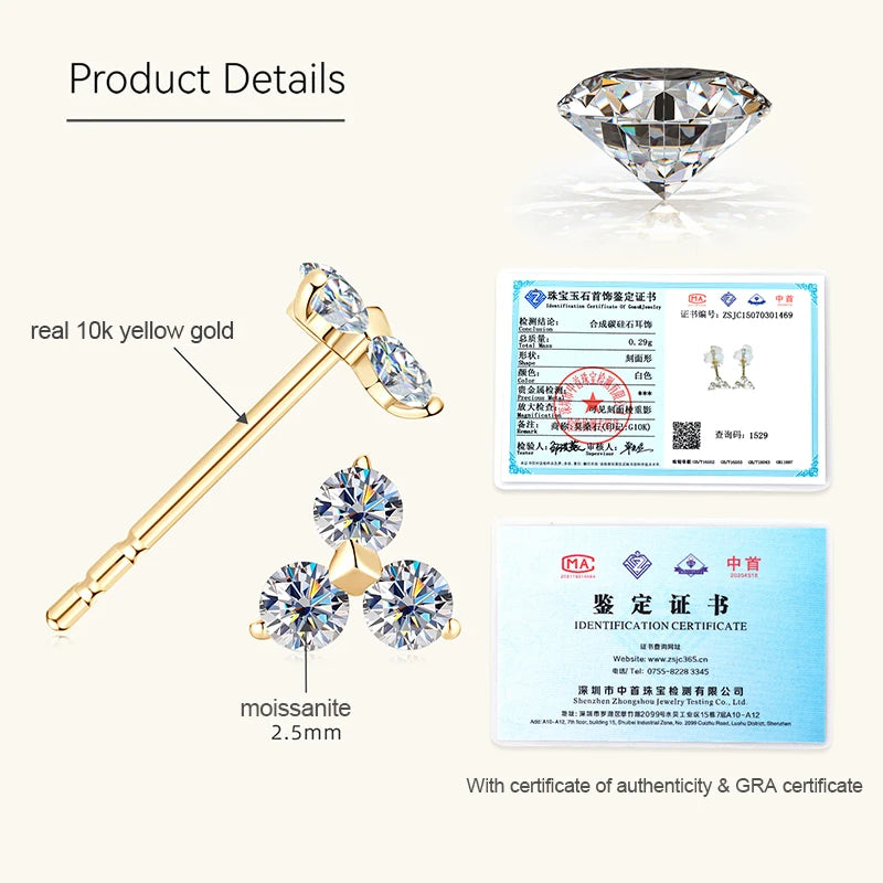 10K Solid Gold Moissanite Studs Earrings 3-Stones Mini Piercing Earrings for Women Wedding GRA Certified Fine Gold Jewelry Gifts