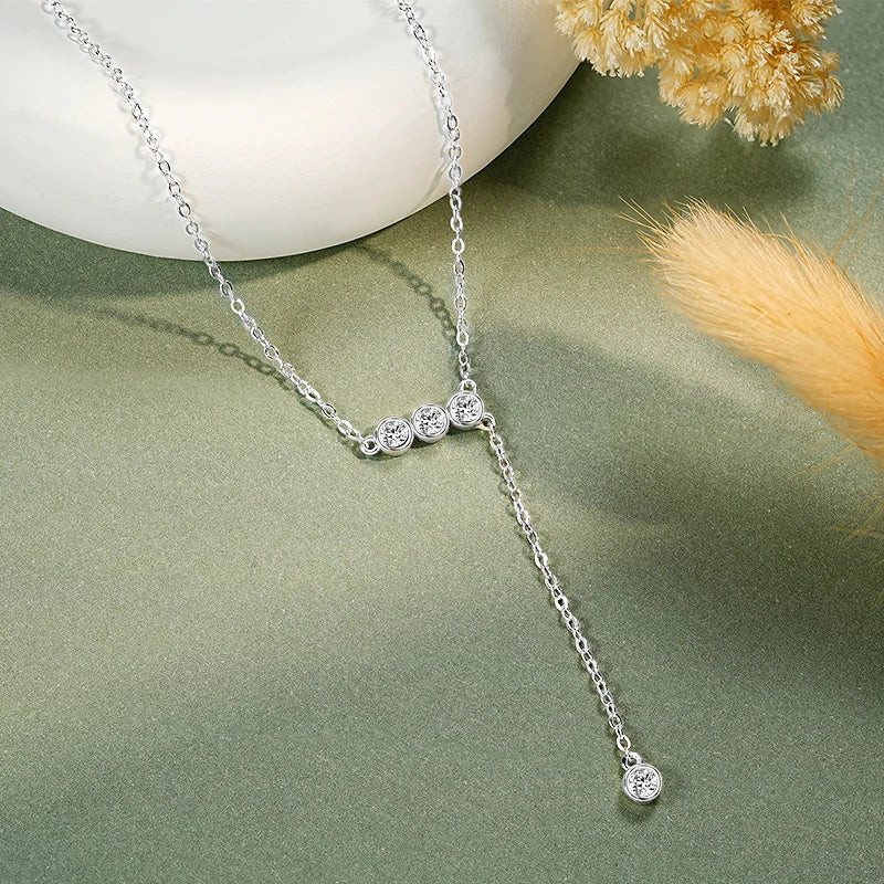 Real 925 Sterling Silver Y Lariat Necklace 2024 3mm Bezel Round Moissanite Pendant Necklaces for Women Wedding Party Jewel