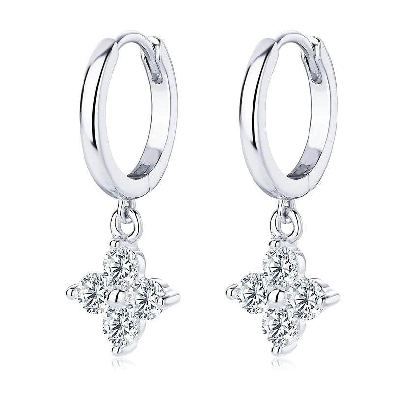 925 Sterling Silver Four Leaf Clover Earrings 3mm D Color Moissanite Drop Hoop Earrings for Women Lucky Charm Jewelry Gift