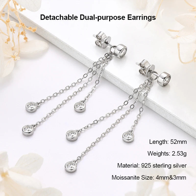 Long Tassel Star Moissanite Pendant Earrings for Women S925 Silver Chain Dangle Drop Earrings Studs GRA Certified Jewelry