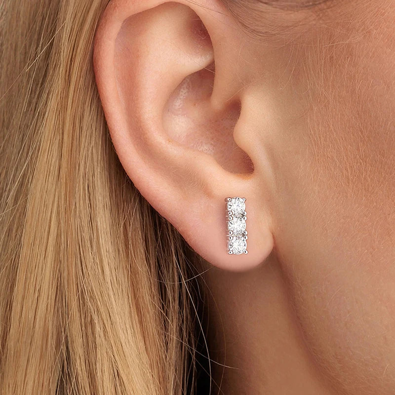 Sparking 3mm 3 Stone Moissanite Stud Earrings Real S925 Silver for Women Plated White Gold Daily Jewelry Valentine's Gift