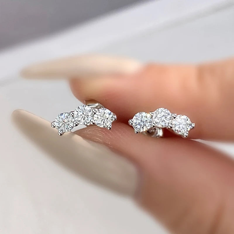 Sparking 3mm 3 Stone Moissanite Stud Earrings Real S925 Silver for Women Plated White Gold Daily Jewelry Valentine's Gift