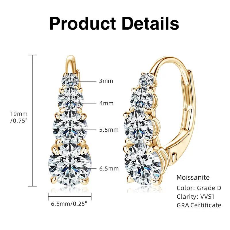 100% 925 Silver Moissanite Hoop Clip Earrings Luxury 4 Stones D VVS1 Round Lab Diamond Jewelry Gift for Women Upgrade Type