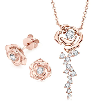 100% 925 Sterling Silver Rose Flower Jewelry Set D Color Round Cut Moissanite Earrings Pendant Necklace for Women Gifts