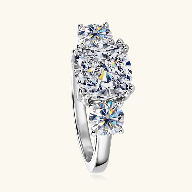 3.5CTTW. Cushion & Round Moissanite Ring 925 Silver 3 Stone Engagement Wedding Promise Rings For Women Finger Jewelry GRA