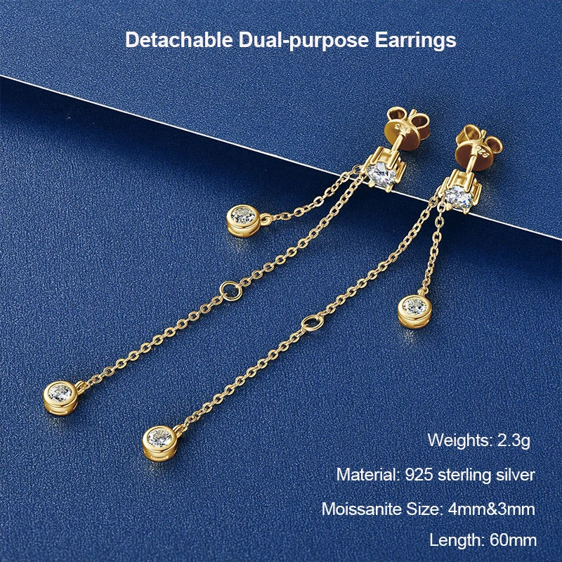 Long Tassel Star Moissanite Pendant Earrings for Women S925 Silver Chain Dangle Drop Earrings Studs GRA Certified Jewelry