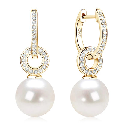 Real 925 Sterling Silver Hoop Earrings 9-10mm White Shell Pearl Drop Earring Detachable Wedding Party Jewelry for Women