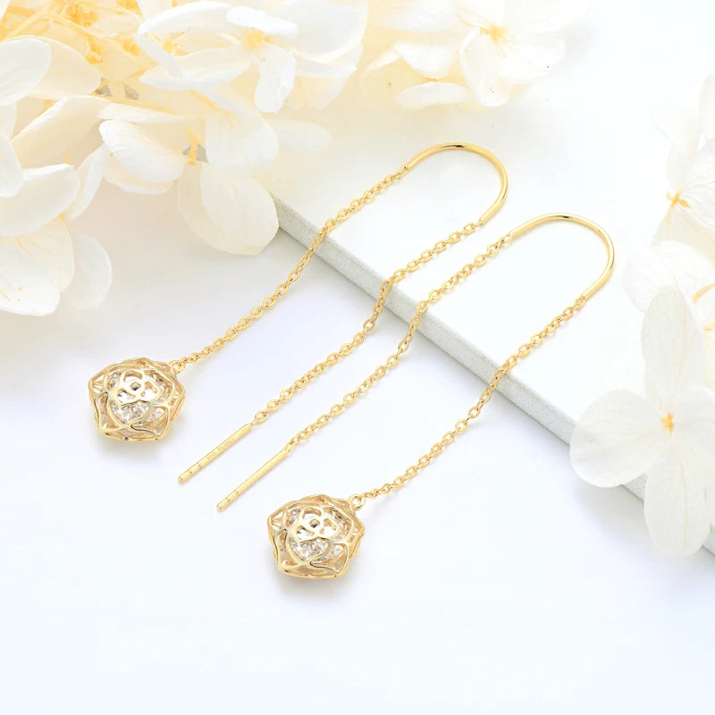 Elegant Drop Ear Line Long Hanging Tassel Earrings for Women 925 Sterling Silver Rose Flower Certified Moissanite Jewelry