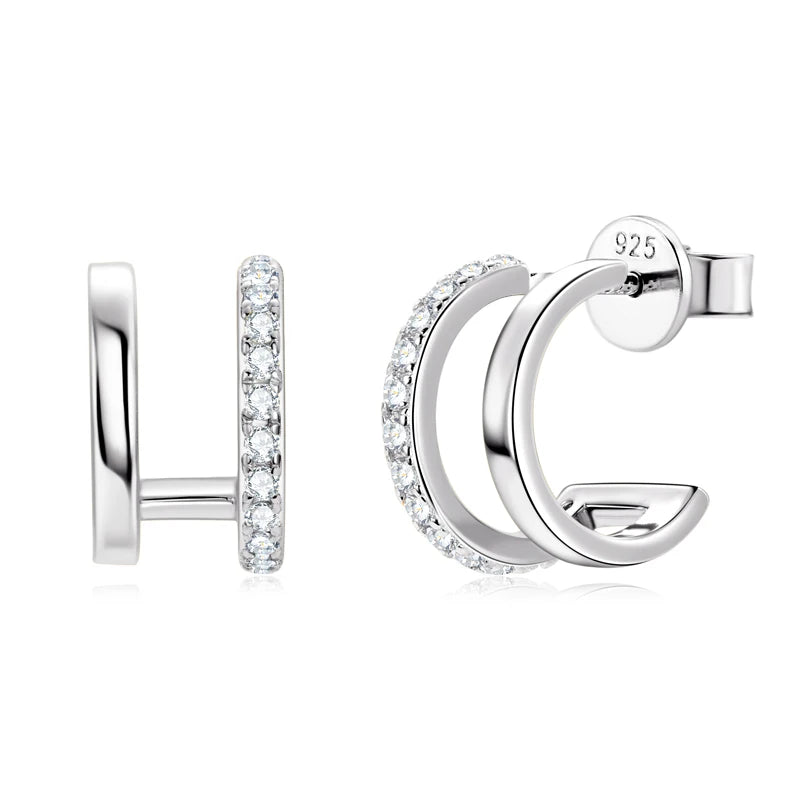 NEW 4mm Moissanite Piercing Stud Ear Cuffs 925 Sterling Silver Double Side Hoop Earrings for Women Illusion Jewelry Gifts