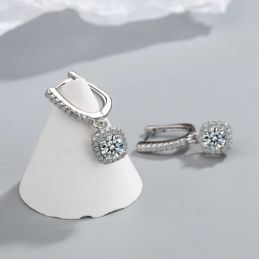 Real 925 Silver 3CT 2ct Moissanite Drop Hoop Earrings for Women Classic 1.0ct Square Dangle Wedding Earring 8mm 9mm GRA Jewelry
