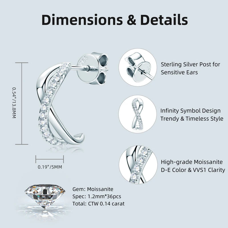 Real 925 Silver 1.2mm Moissanite Infinity Earrings for Women Half Hoops C Shape Stud Earrings Trendy Jewelry Charm Gift