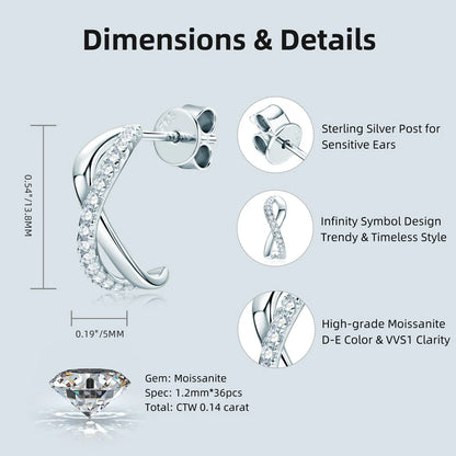 Real 925 Silver 1.2mm Moissanite Infinity Earrings for Women Half Hoops C Shape Stud Earrings Trendy Jewelry Charm Gift