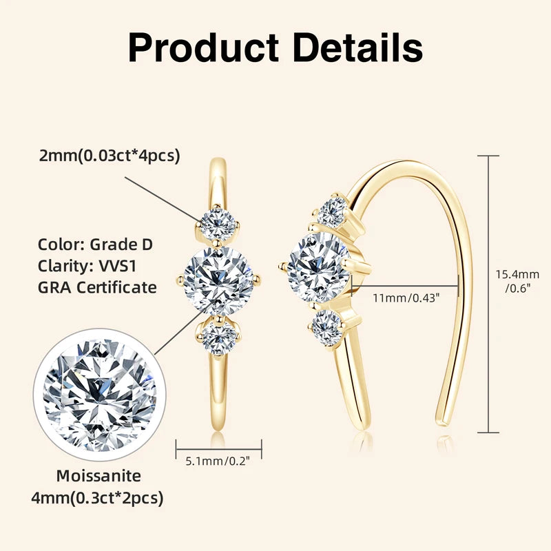 U shaped 3 Stone D0.72CT Moissanite Earrings Silver 925 Piercing Open Hoop Earrings for Women Certified Wedding Jewelry