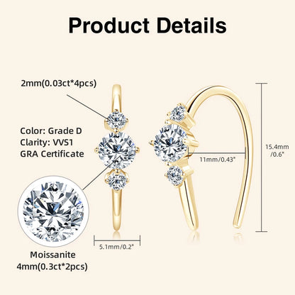 U shaped 3 Stone D0.72CT Moissanite Earrings Silver 925 Piercing Open Hoop Earrings for Women Certified Wedding Jewelry
