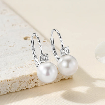 925 Sterling Silver 8-9mm Natural Freshwater Pearl and 3mm Moissanite Hoop Drop Earrings Wedding Fine Jewelry for Women