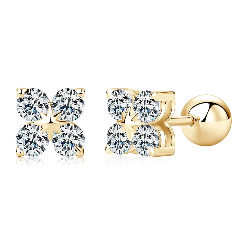 Lucky Four Leaf Clover Moissanite Stud Earrings 925 Sterling Silver Screw-Back Piercing Ear Jewelry for Women Men Gifts