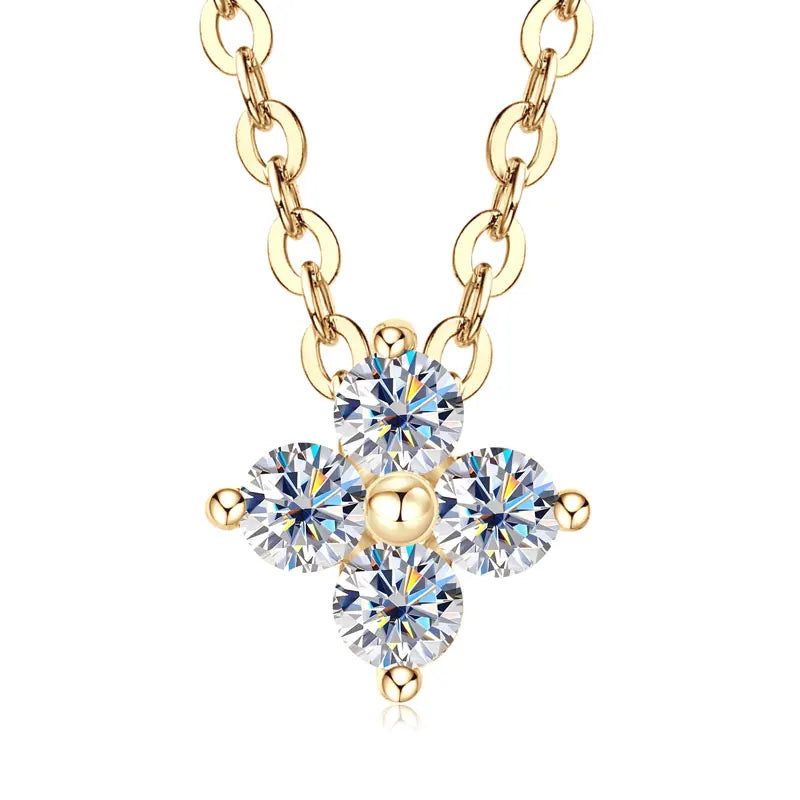 100% Real 10K Gold Clover Flower 2.5mm D Moissanite Pendant Necklace Adjustable Chain for Women Lucky Charm Jewelry Gifts
